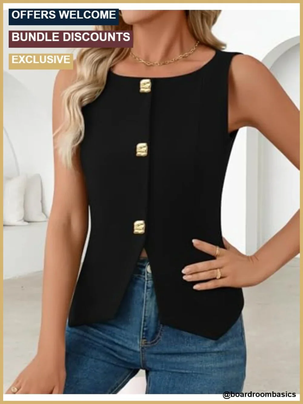 Women's Sleeveless Vest Top Button Down Suit Vest Boat Neck Layering